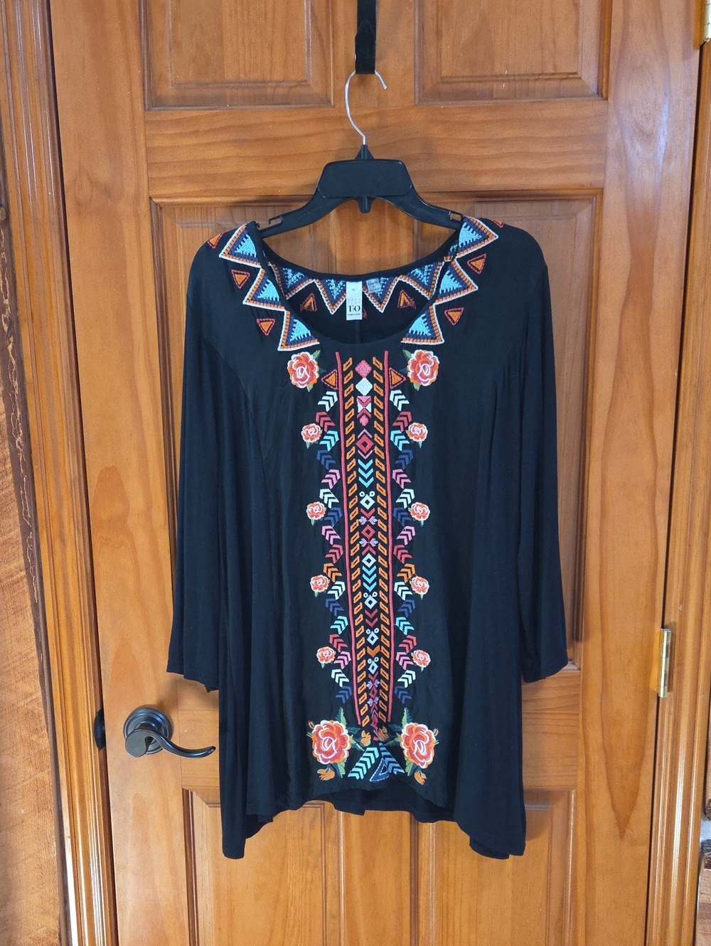 Embroidered Black Boho Tunic Top with Multicolor Floral Trim